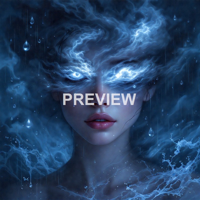 A surreal digital artwork of a woman's face with eyes and hair made of glowing, stormy blue lightning and clouds, surrounded by rain droplets.
